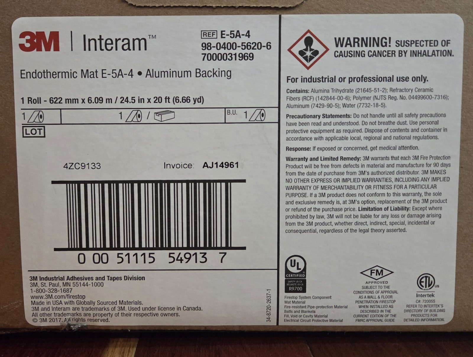 3M E-5A-4 Endothermic Mat , 24.5 in x 20 ft, 6.66 yd