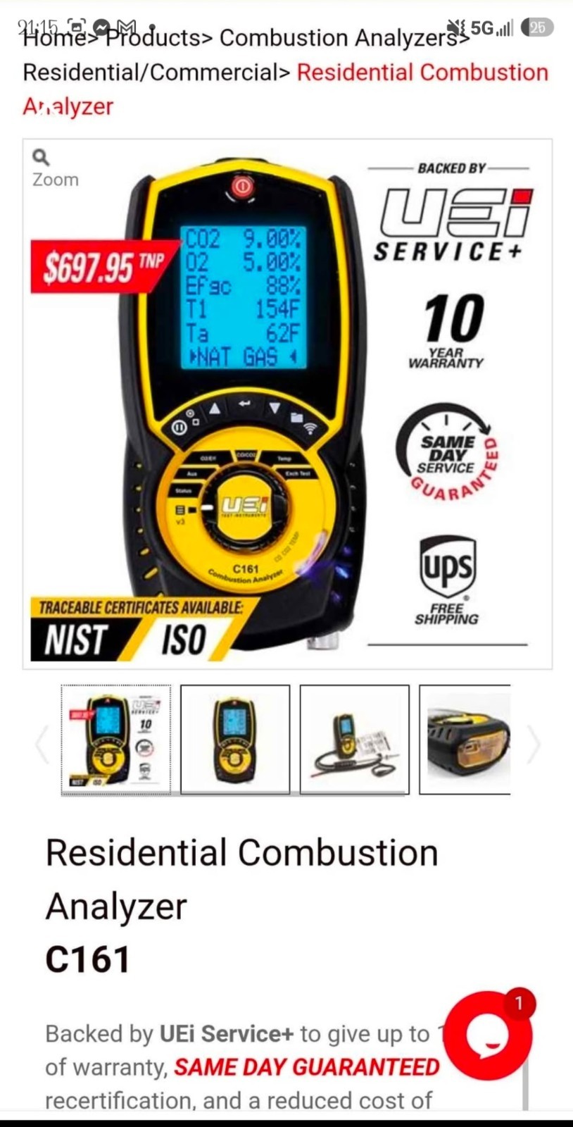 UEi C161 Residential Combustion Gas Analyzer Kit w/ Carrying Case