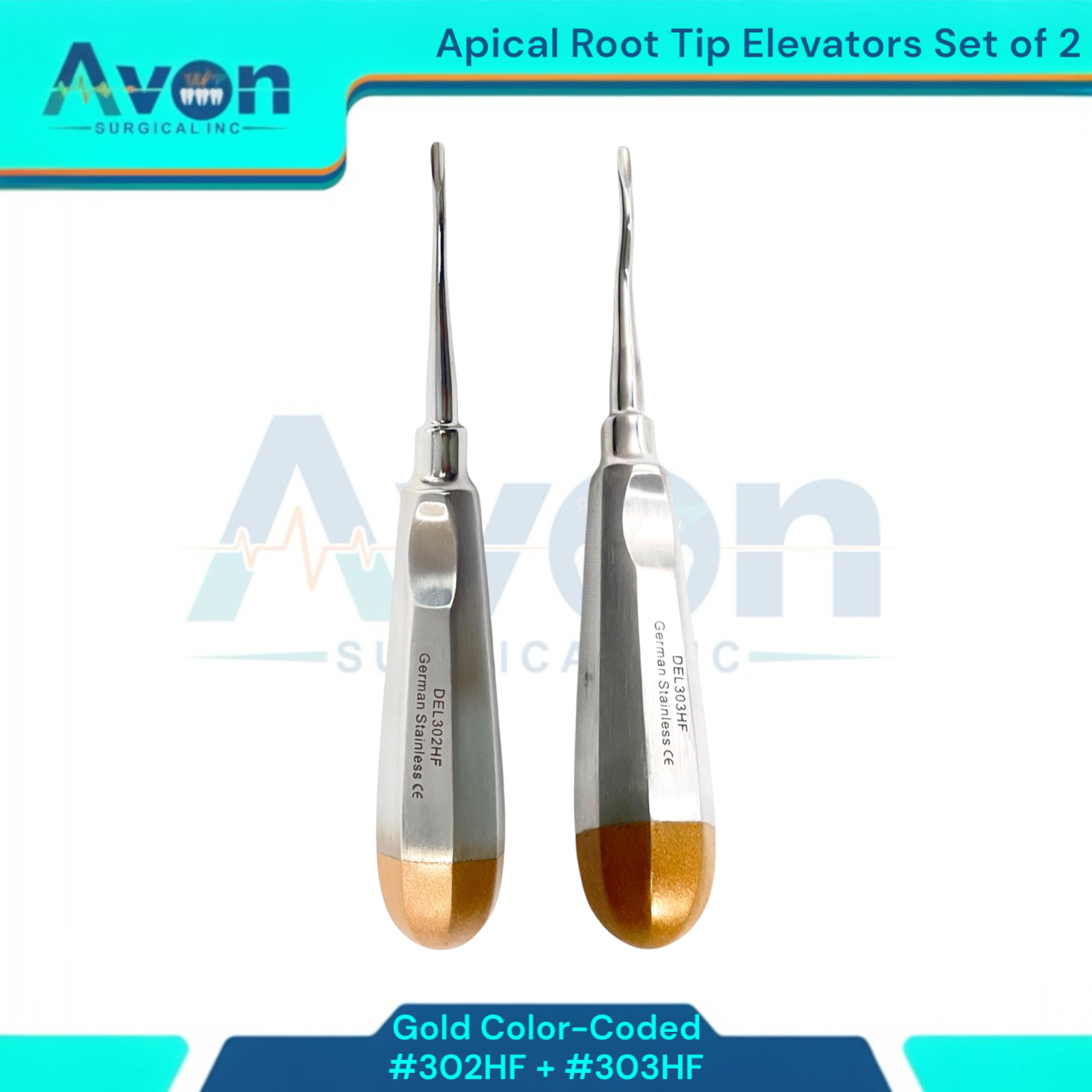 2pcs Dental Root Extraction Apical Elevator Picks, #302HF + #303HF, Stainless