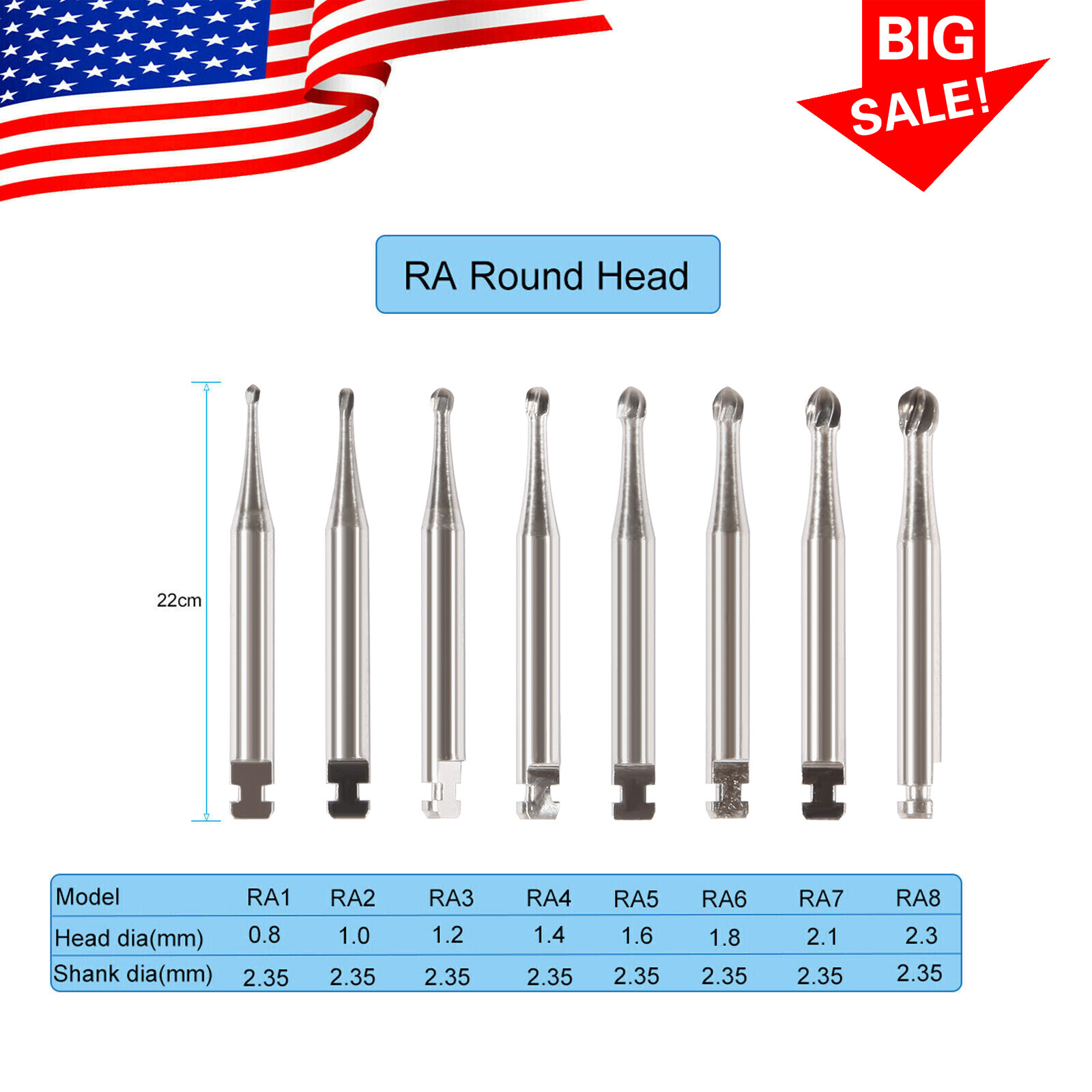 5pcs Dental Round Carbide Burs RA 1-8/ Latch Type Contra Angle Handpiece