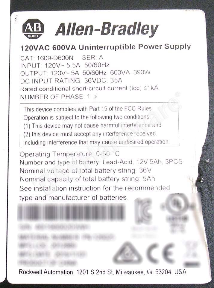 Open Pre-owned Allen Bradley 1609-D600N /A 600VA Uninterruptible Power Supply