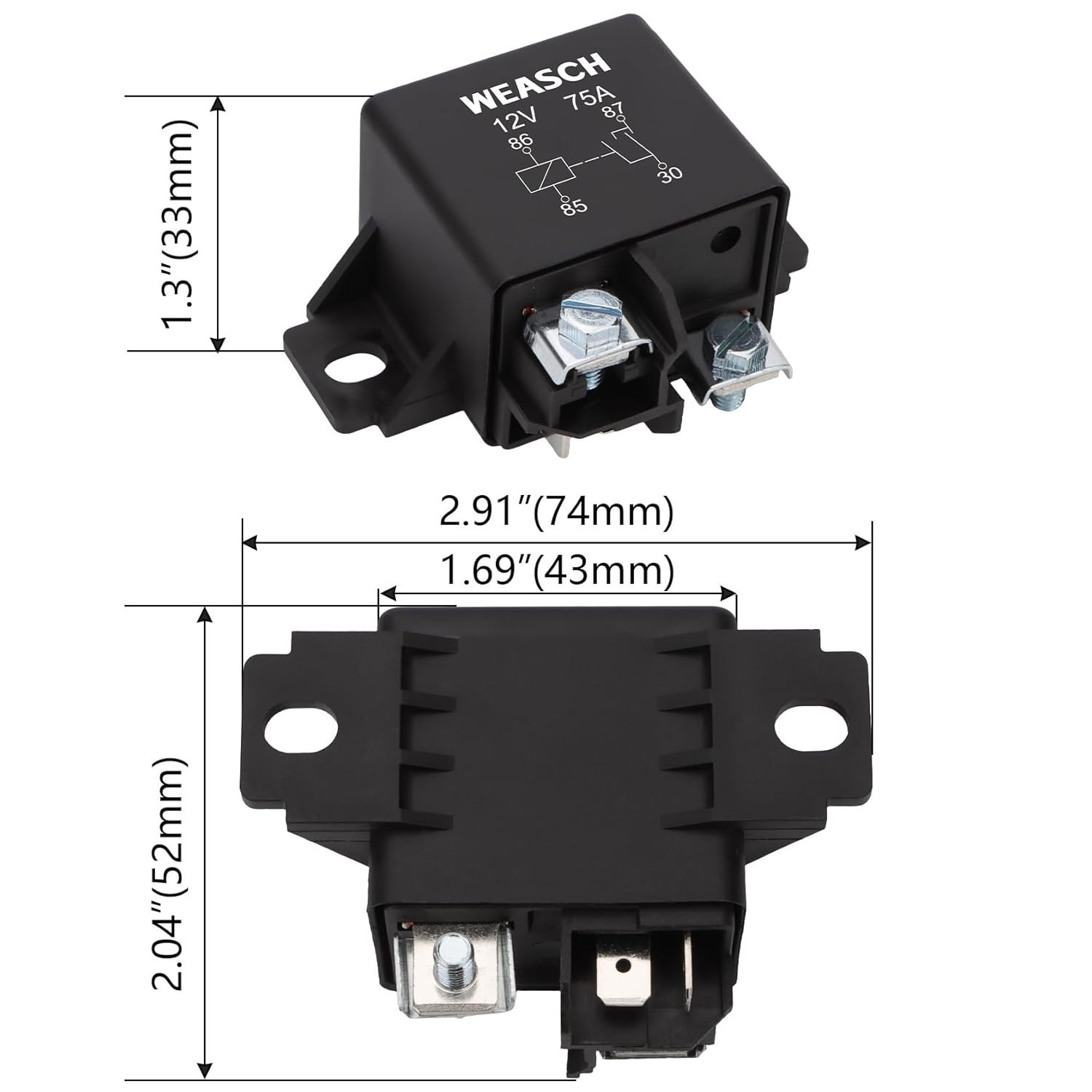 Normal Open Power Relay 12V 75A for Starter, Surface Mount, 3 Terminals