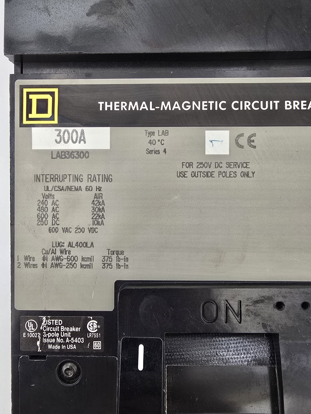 Square D LAB36300 I-Line Circuit Breaker 300A 600VAC 3P 50/60Hz Type LAB
