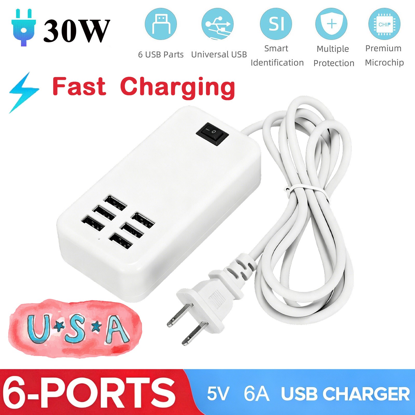 Multi 6 Port USB Hub Wall Charger Station Fast Charging Desktop AC Power Adapter