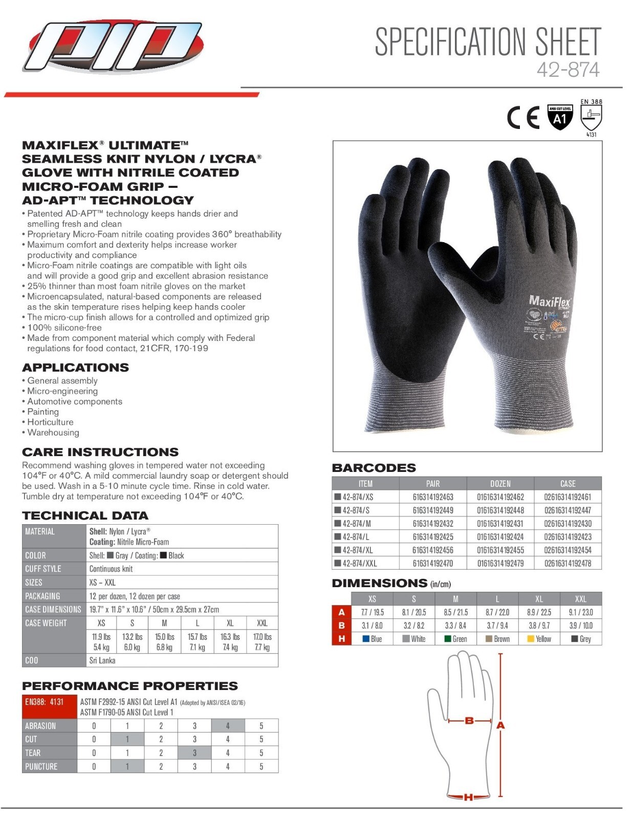6 PR. 42-874 MaxiFlex Micro Foam Nitrile Grip Palm Coated PROTECTIVE WORK GLOVES