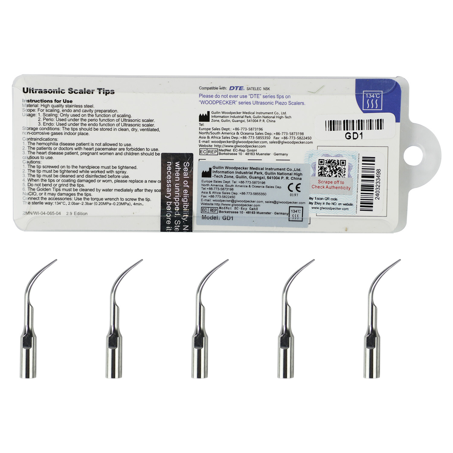Woodpecker DTE Dental Ultrasonic Scaler Tips Endo Cavity Perio Scaling ED GD PD
