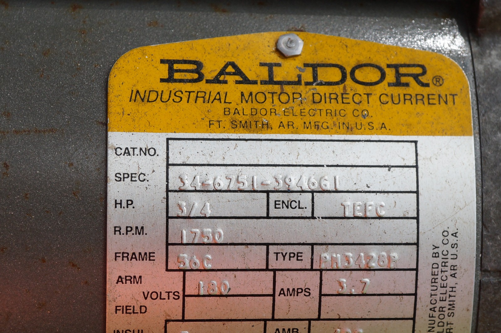 BALDOR DC Motor 3/4 HP, 180V, 1750 RPM, IEFC, PM3428P, 34-6751-394661, 5/8 Shaft