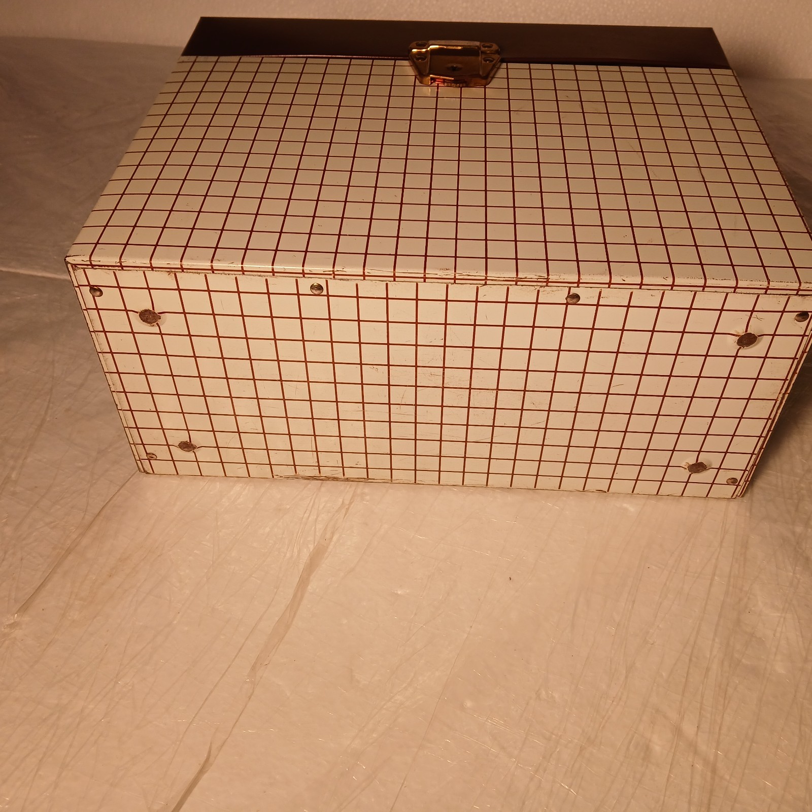 Vtg Ballonoff Porta File Metal Storage Record Box Brwn Grid Graph Pattern No Key