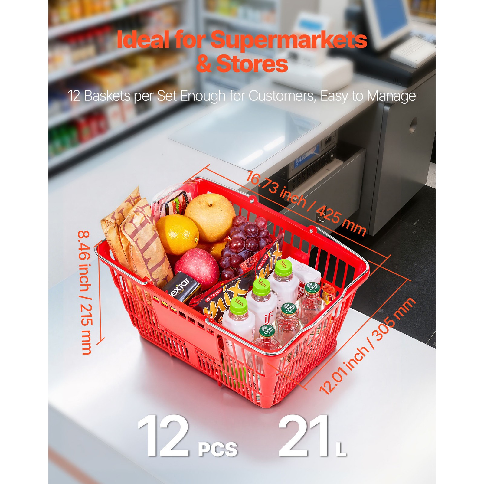 Uimoso 12 Stackable Plastic Shopping Baskets with Handles, Red for Grocery Use