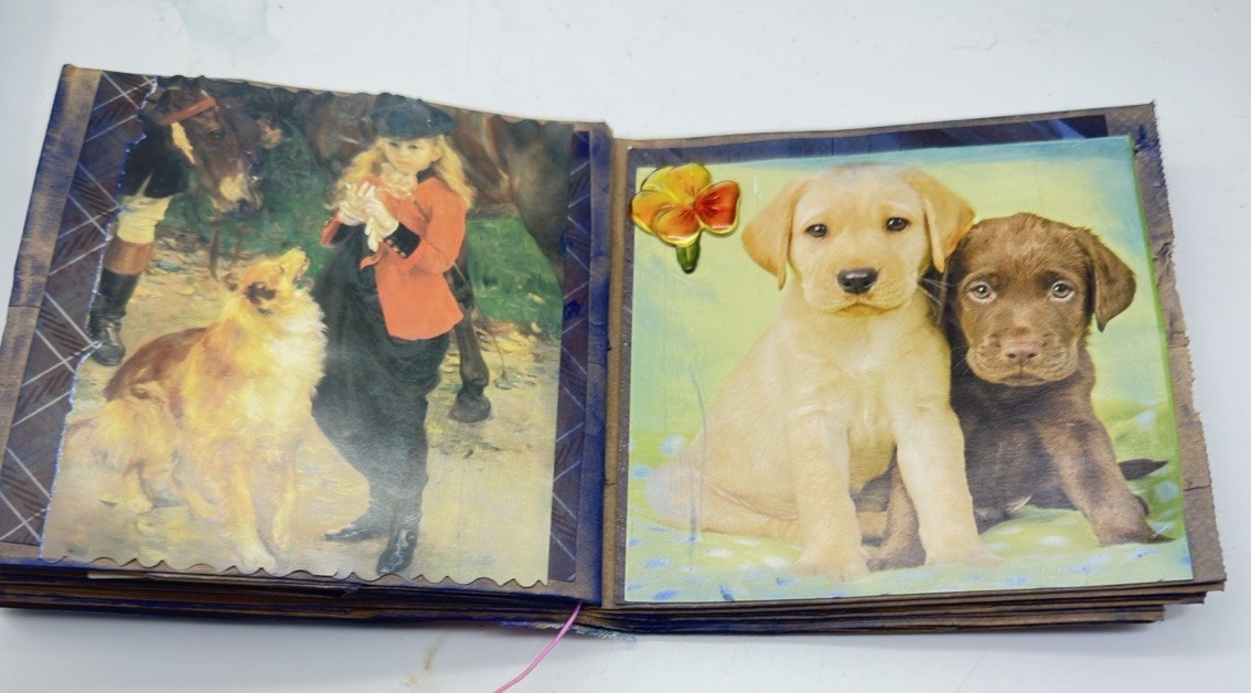 Hand Made Junk Journal 6×5 Inches Puppies Themed. Medium Is Brown Paper Bags