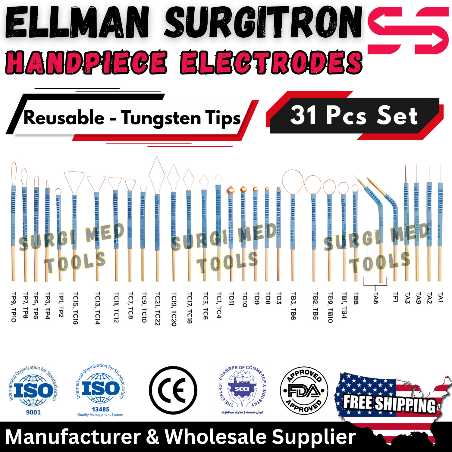 Ellman Surgitron Skin Cautery Electrodes CE Certified Set Reusable-Tungsten Tips