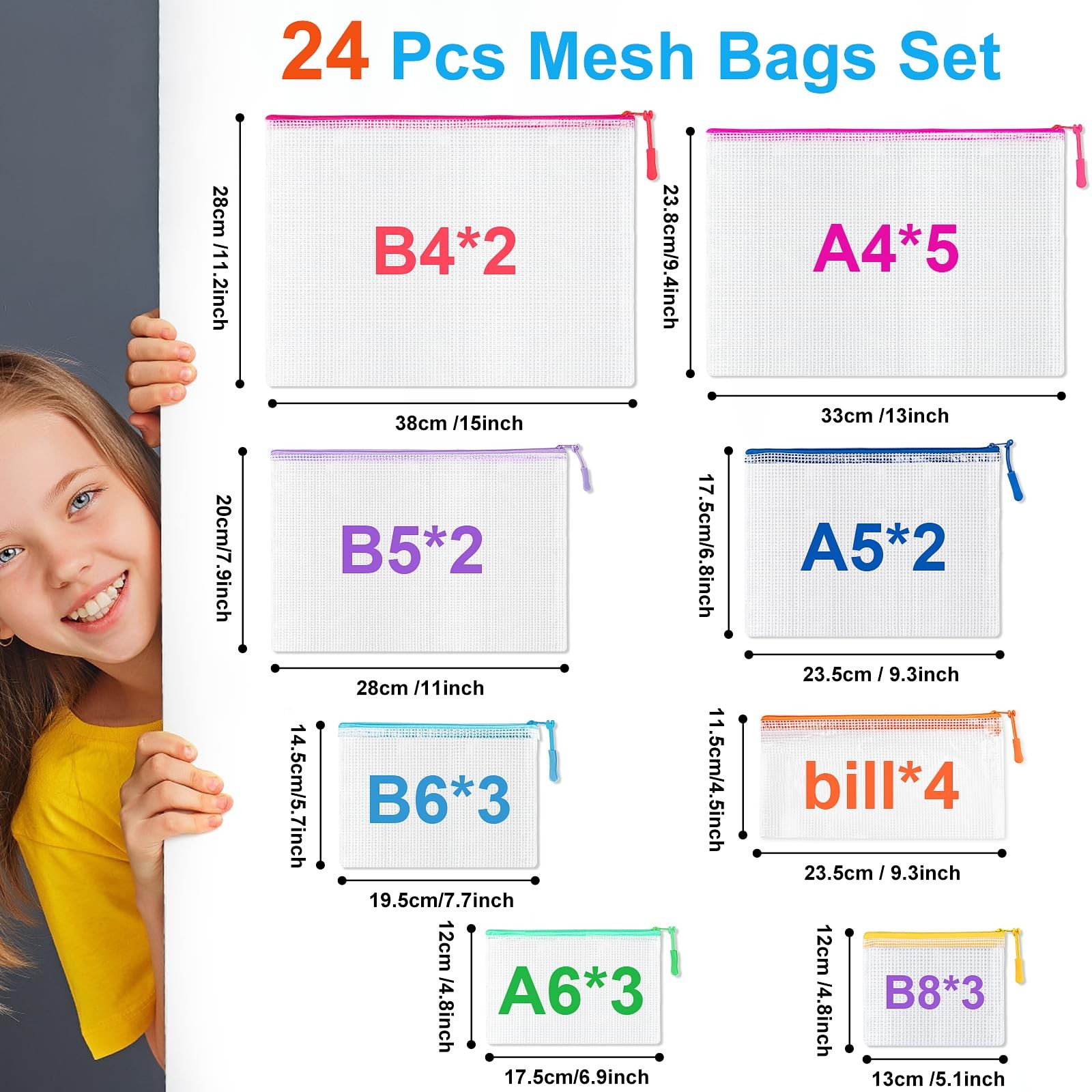 24 Pcs Mesh Zipper Pouch Bags, Plastic Zipper Pouches for Classroom in 8 Size…
