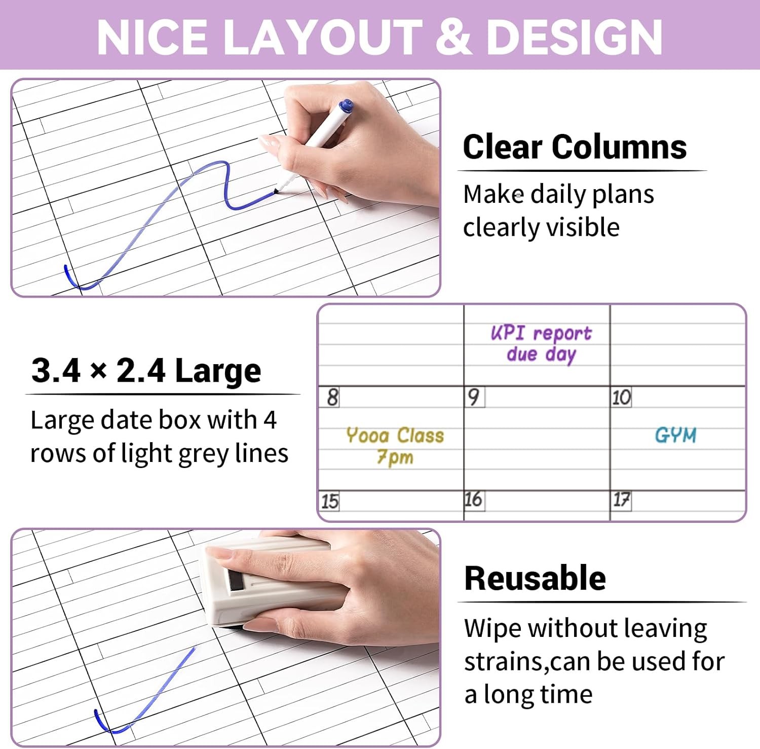 Large Dry Erase Calendar For Wall – Undated 3 Month Calendar, 28» x 40»,…