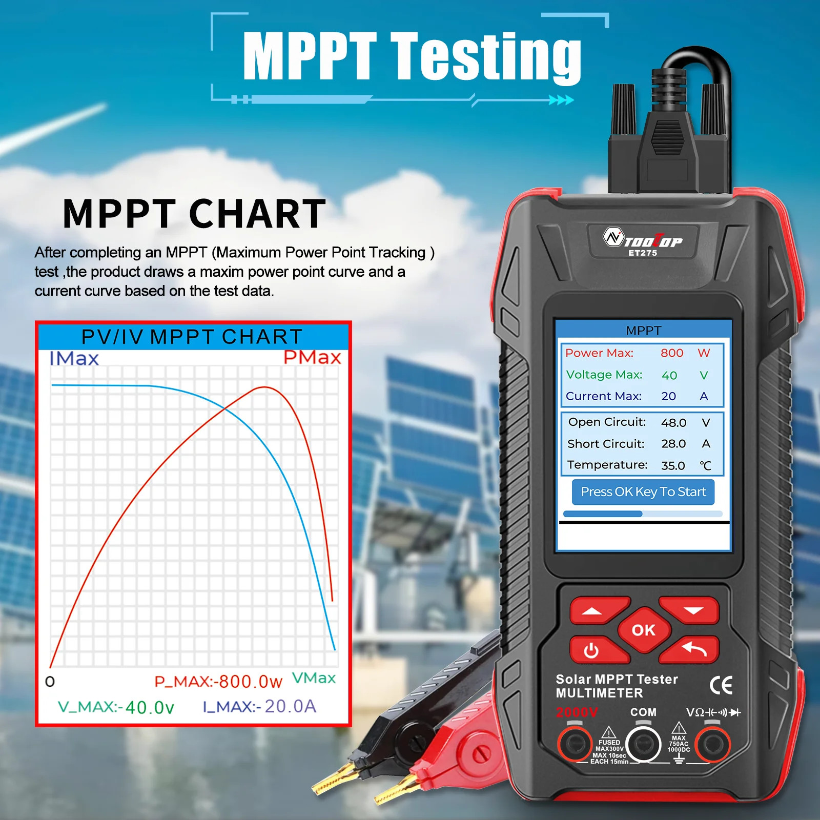 TOOLTOP 2000W Solar MPPT Power Tester Multimeter Pmax Voc Isc PV Meter