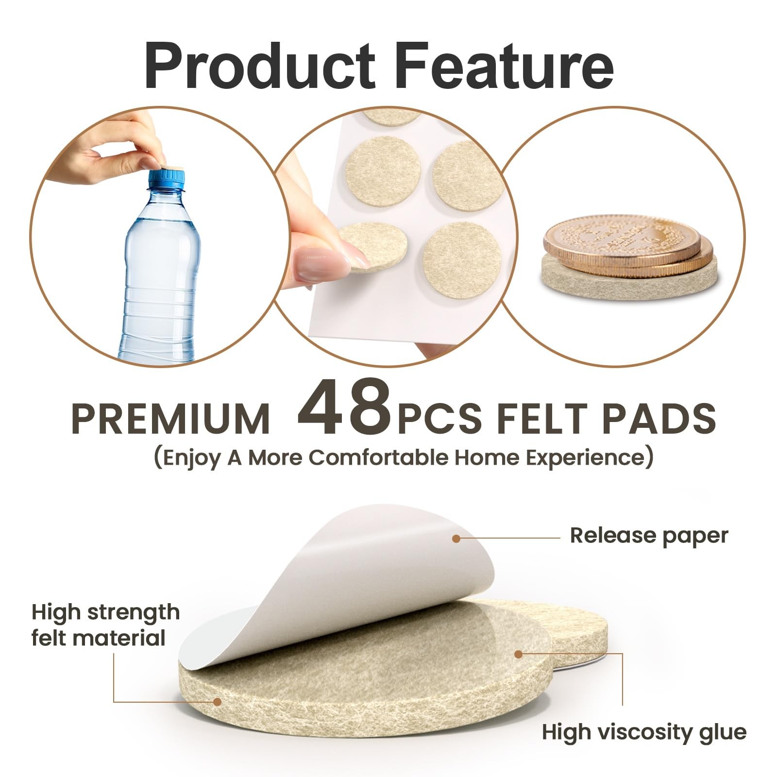 48 PCS Felt Furniture Pads, YOESSA Chair Leg Floor Round 48Pcs Beige, Beige
