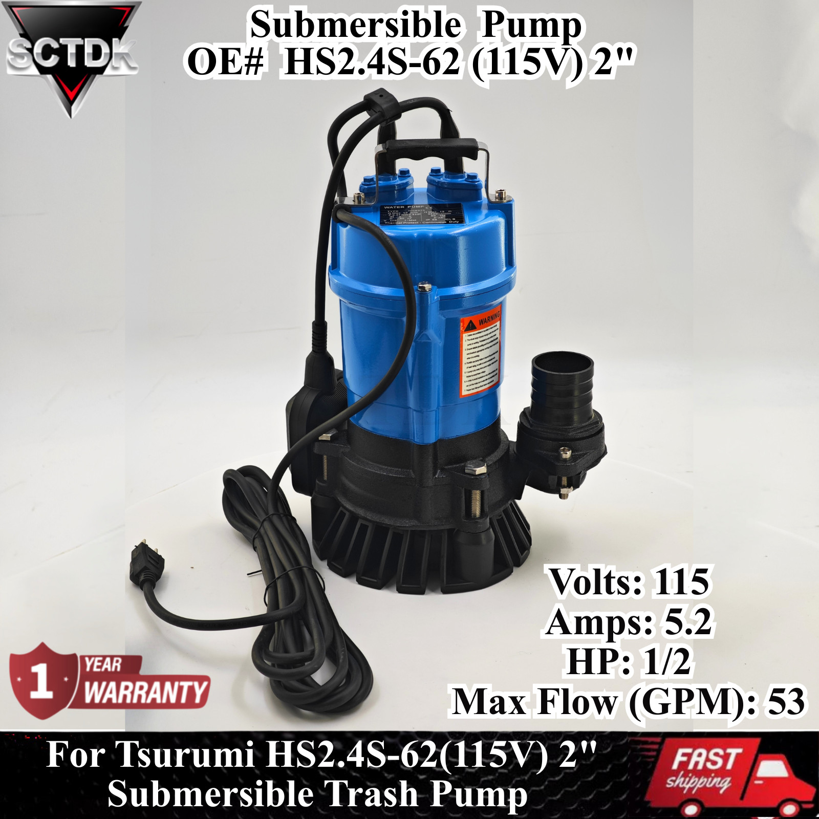 For Tsurumi HS2.4S62 Cast Iron Submersible Trash Water Pump 3000 GPH 1/2 HP 2in