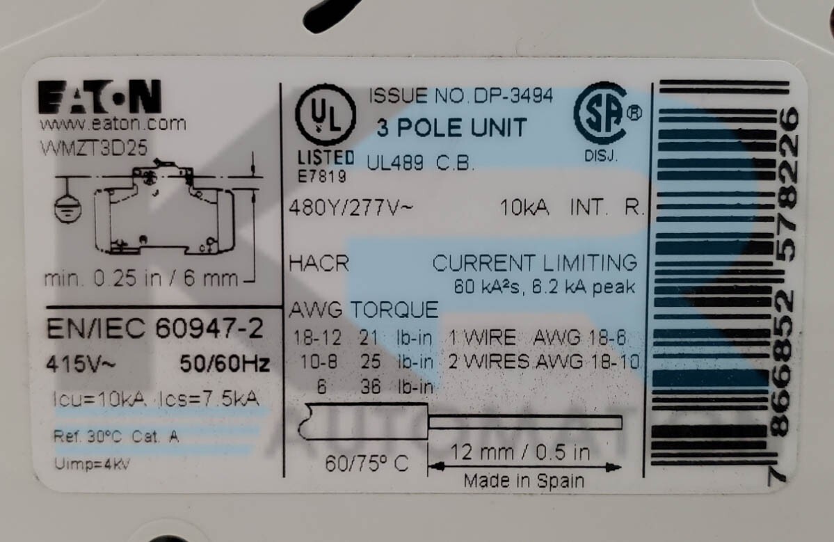 NEW Eaton WMZT3D25 Circuit Breaker 3 Pole 415V 50/60Hz 21 lb-in Torque 25A