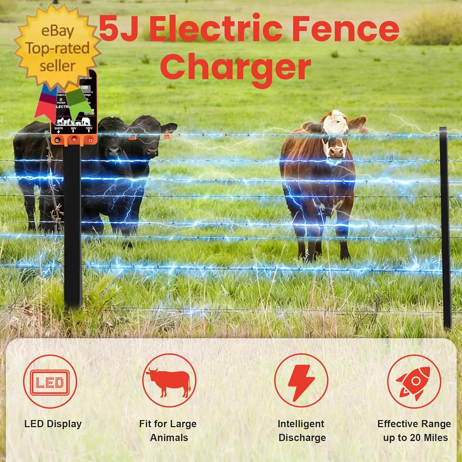 5.5J Electric Fence Charger Energizer, 5.5 Joules 10 Miles, AC DC 2 in 1 Powered