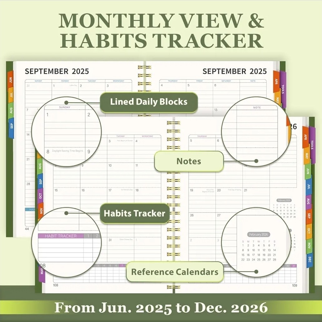 19 Months Planner, June 2025-Dec 2026, 8.5×11″ Daily Weekly, Monthly (Green)