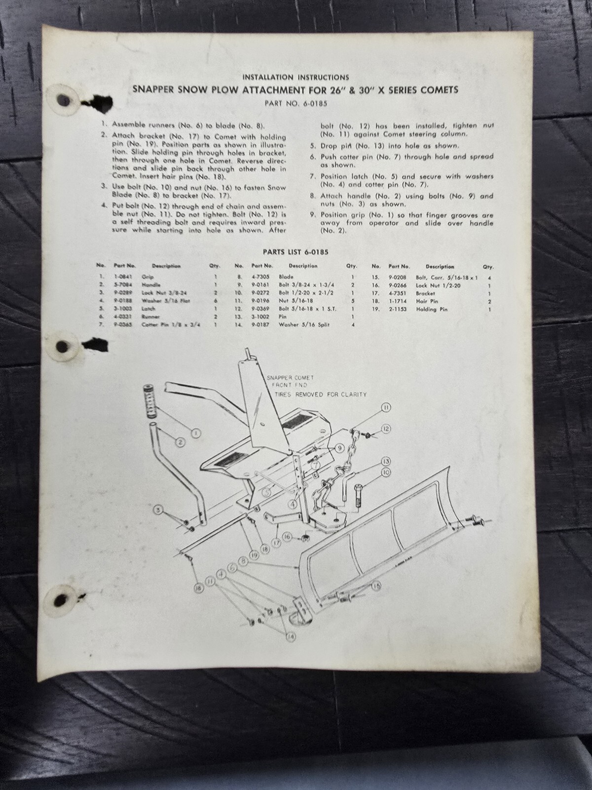 1977 Snapper 26″ 30″ X Series Comet Snow Plow Attachment Instructions 6-0185
