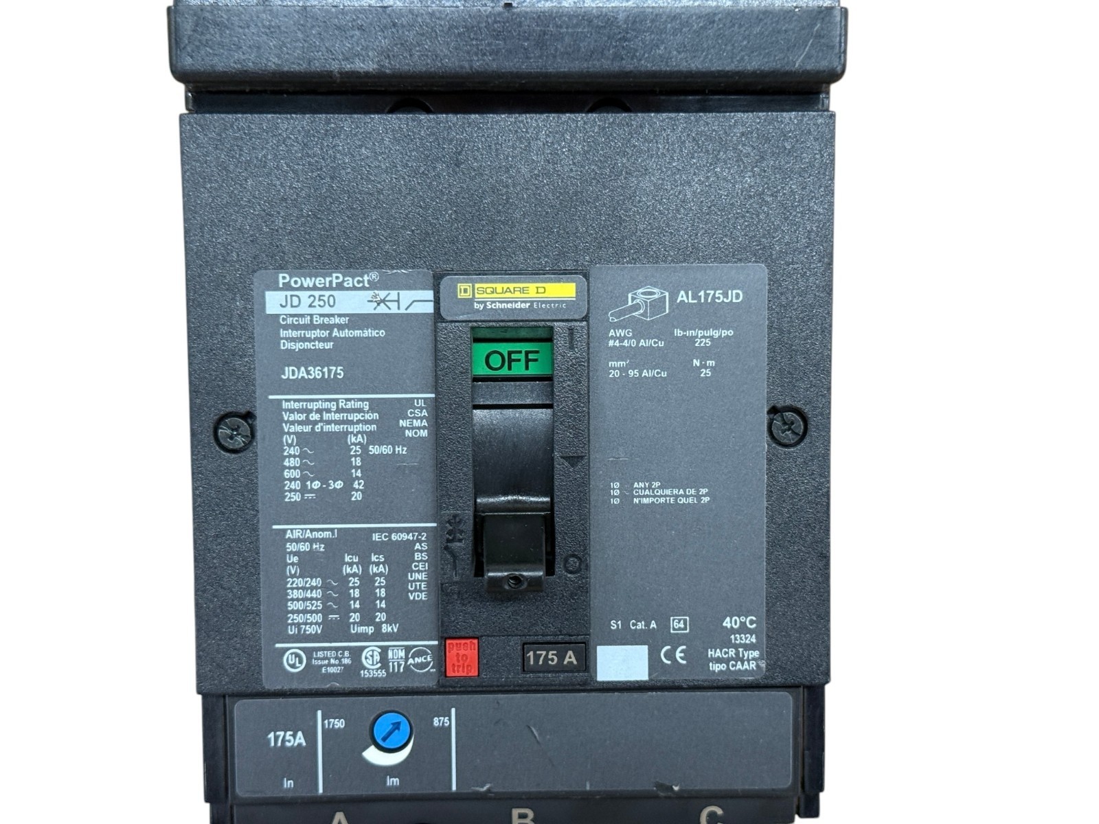 SQUARE D JDA36175 175A 3-PHASE 3-POLE 600V I-LINE POWERPACT J CIRCUIT BREAKER