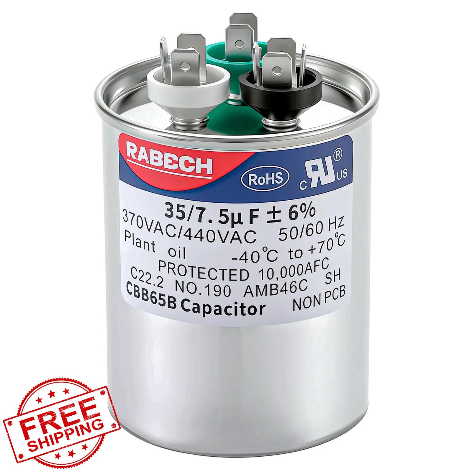 RABECH 35/7.5uF AC Capacitor 35+7.5 MFD 370V/440V Dual Run