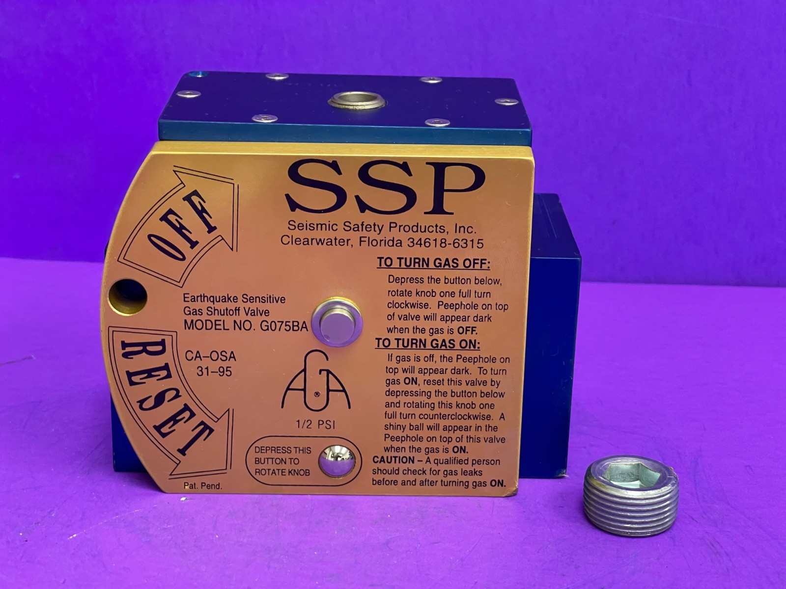Seismic Safety Products Inc Earthquake Sensitive Gas Shut Off Valve Model G075BA