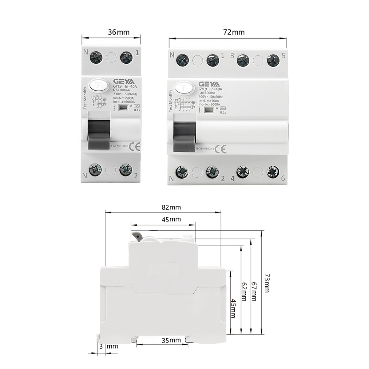 GEYA ELCB Circuit Breaker 2Pole 25/40/63/80/100Amp 30/100/300mA AC-Type RCCB RCD
