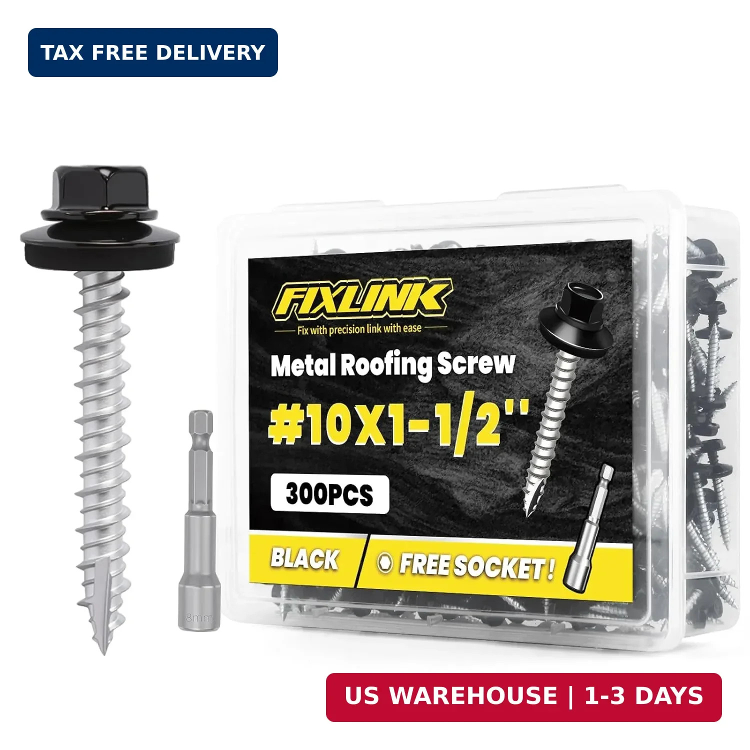 Metal Roofing Screws #10 x 1-1/2″, 300 PCS, FIXLINK Baking Paint Hex Head Rubber