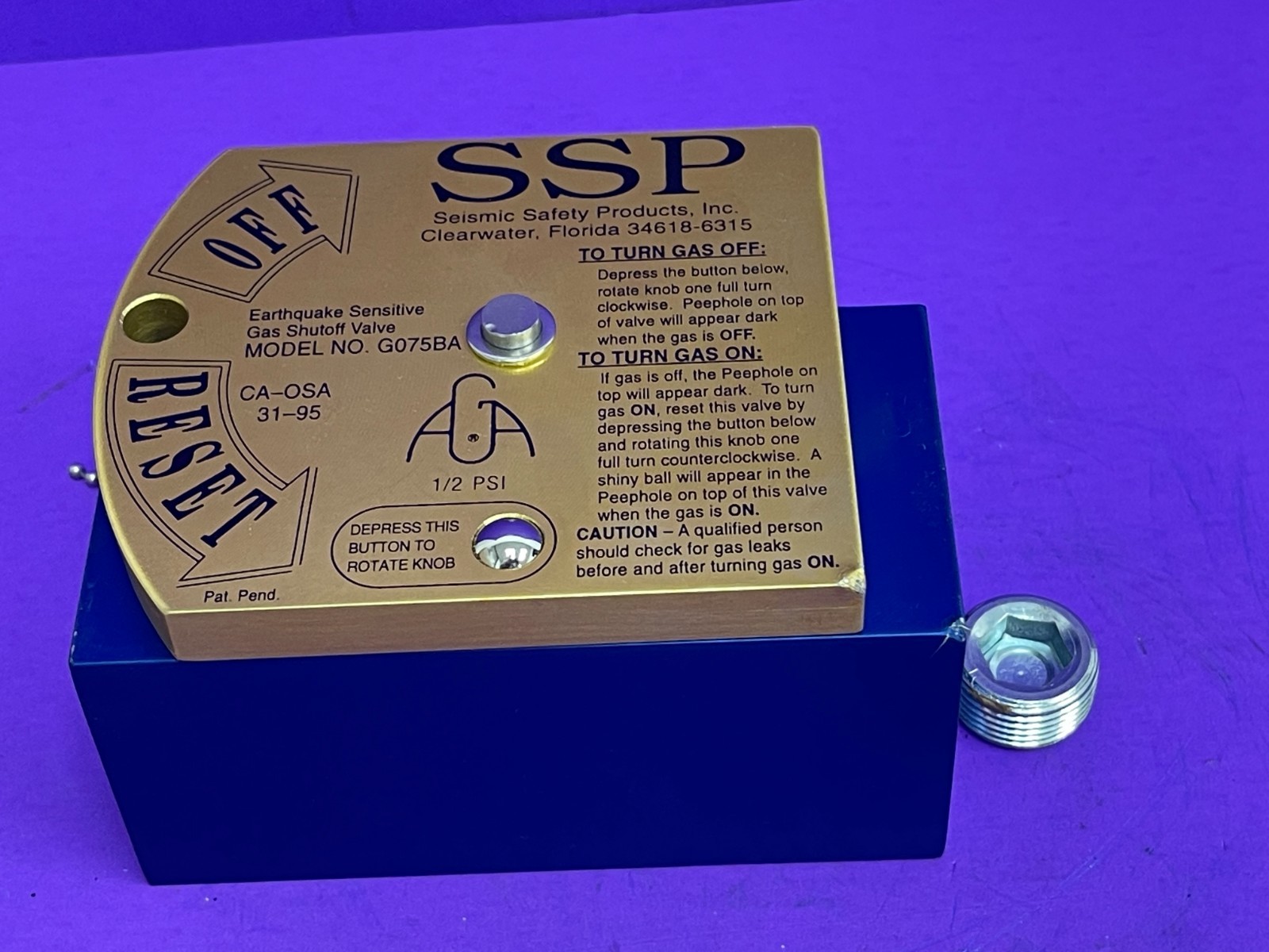 Seismic Safety Products Inc Earthquake Sensitive Gas Shut Off Valve Model G075BA