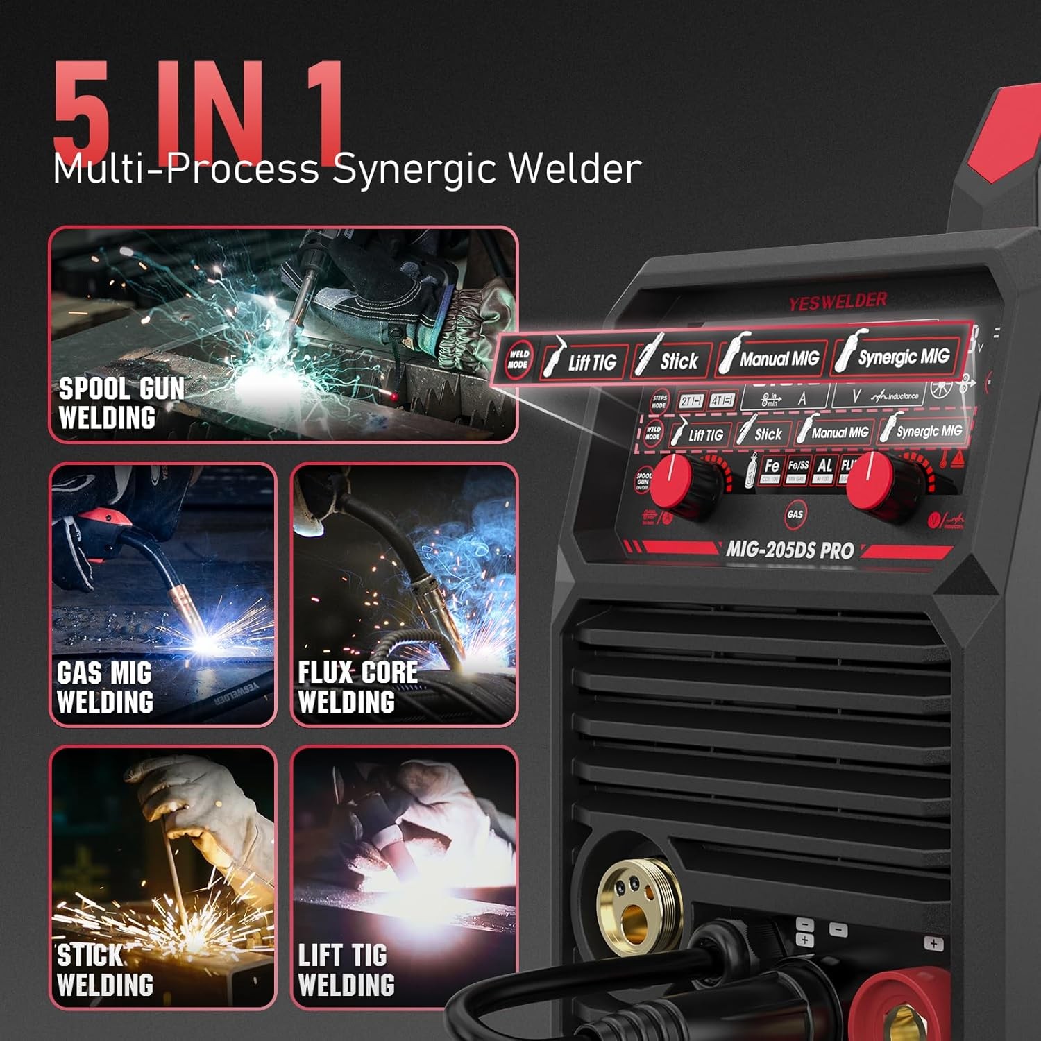 MIG Welder, 205A,110/220V, Gas/Gasless/Lift TIG/Stick 3 in 1 Welding Machine