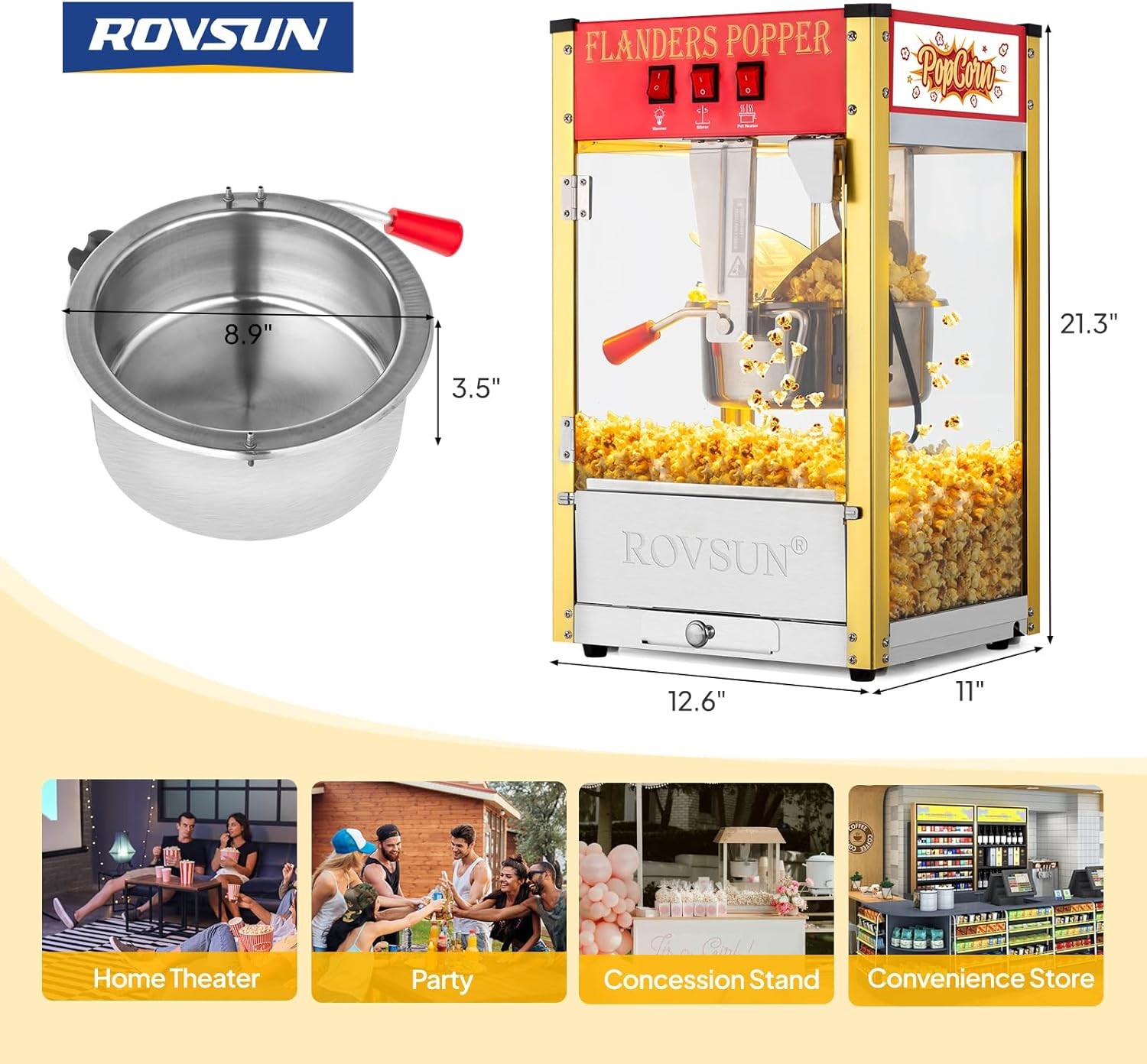 ROVSUN 8oz 32 Cups Commercial Popcorn Popper Maker Machine 850W Bar Service Red