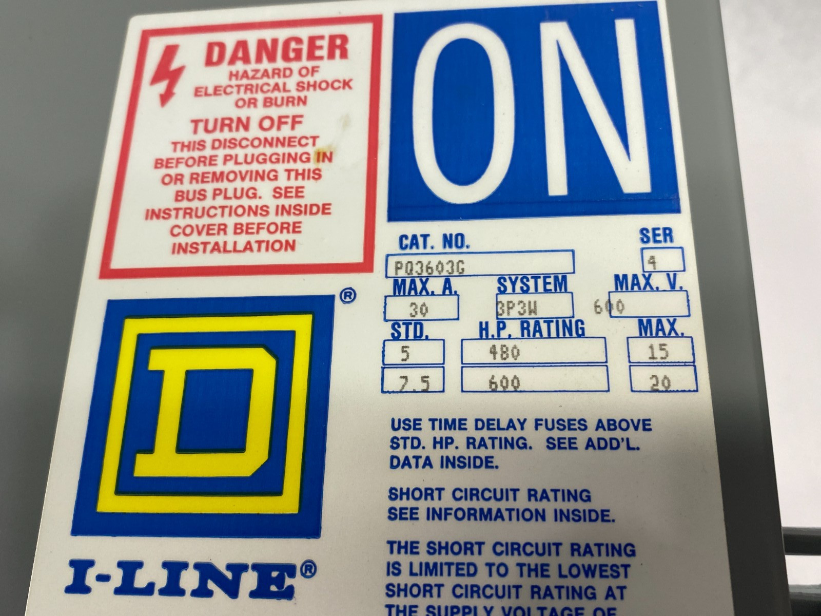 Square D PQ3603G Ser. 4 I-LINE Busway Switch 30A 3P3W 600V