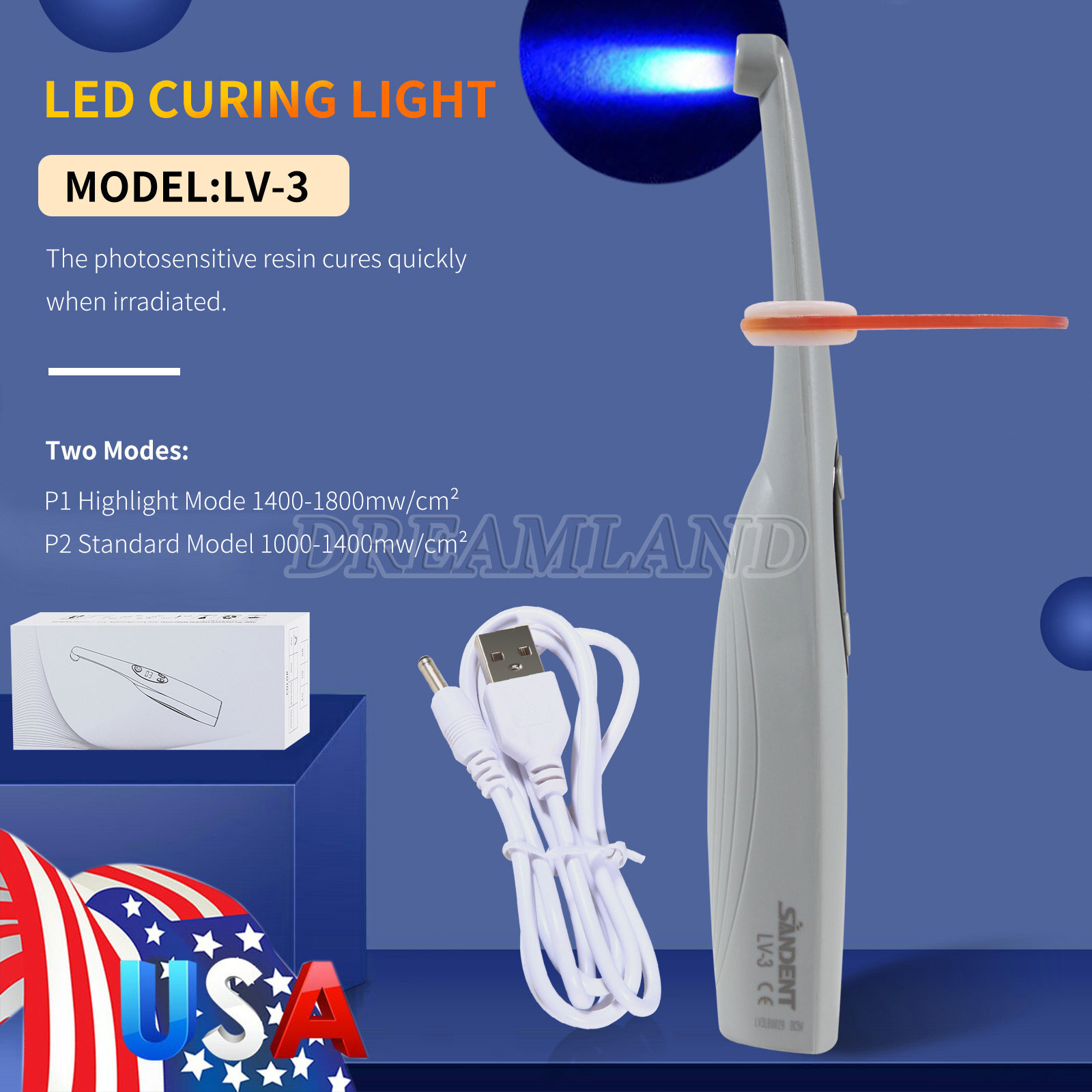 USA Dental Wireless Curing Light 1 Second Resin Cure LED Lamp