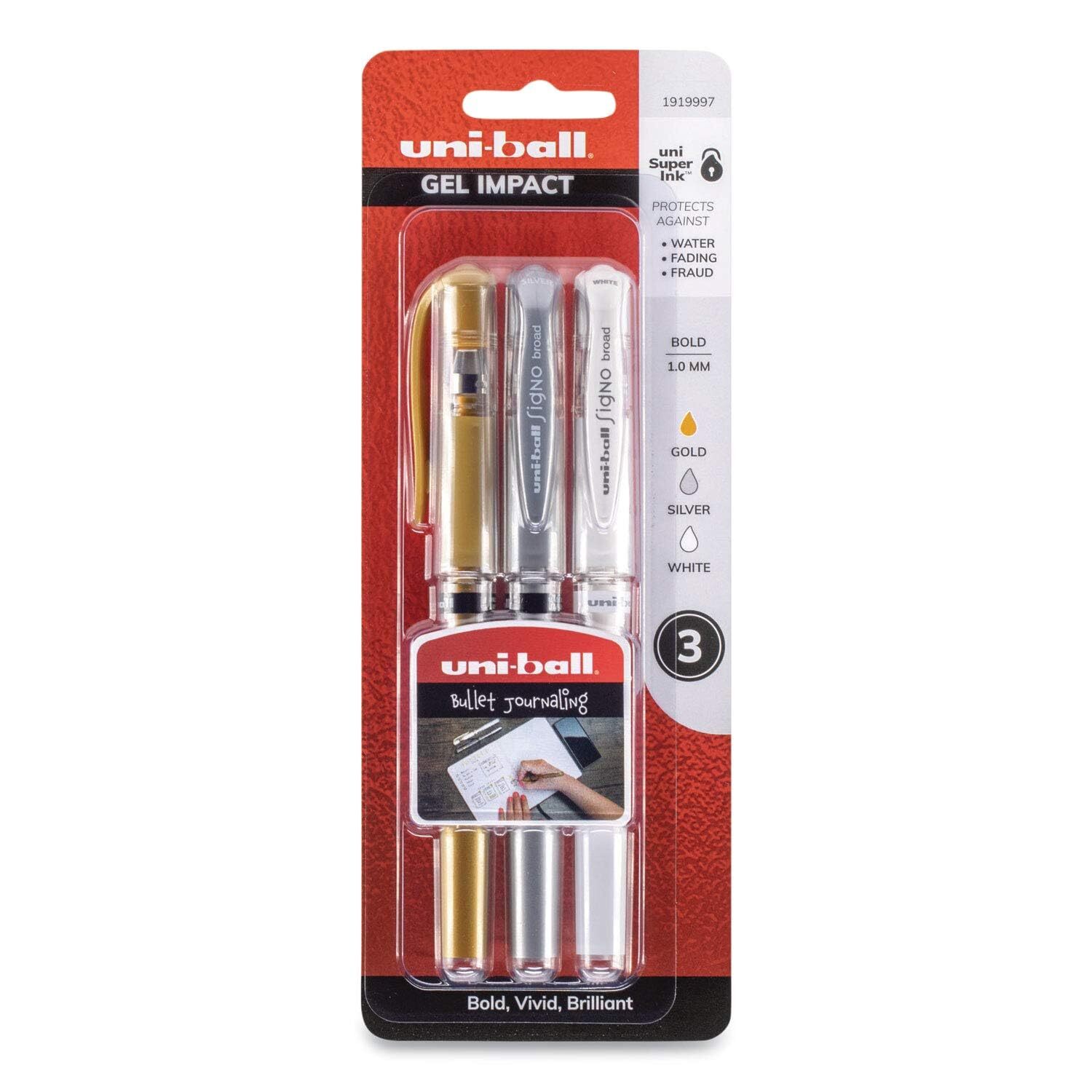 Uni-ball Impact Gel Pens Bold Point 1.0mm Assorted Metallic 3 Count