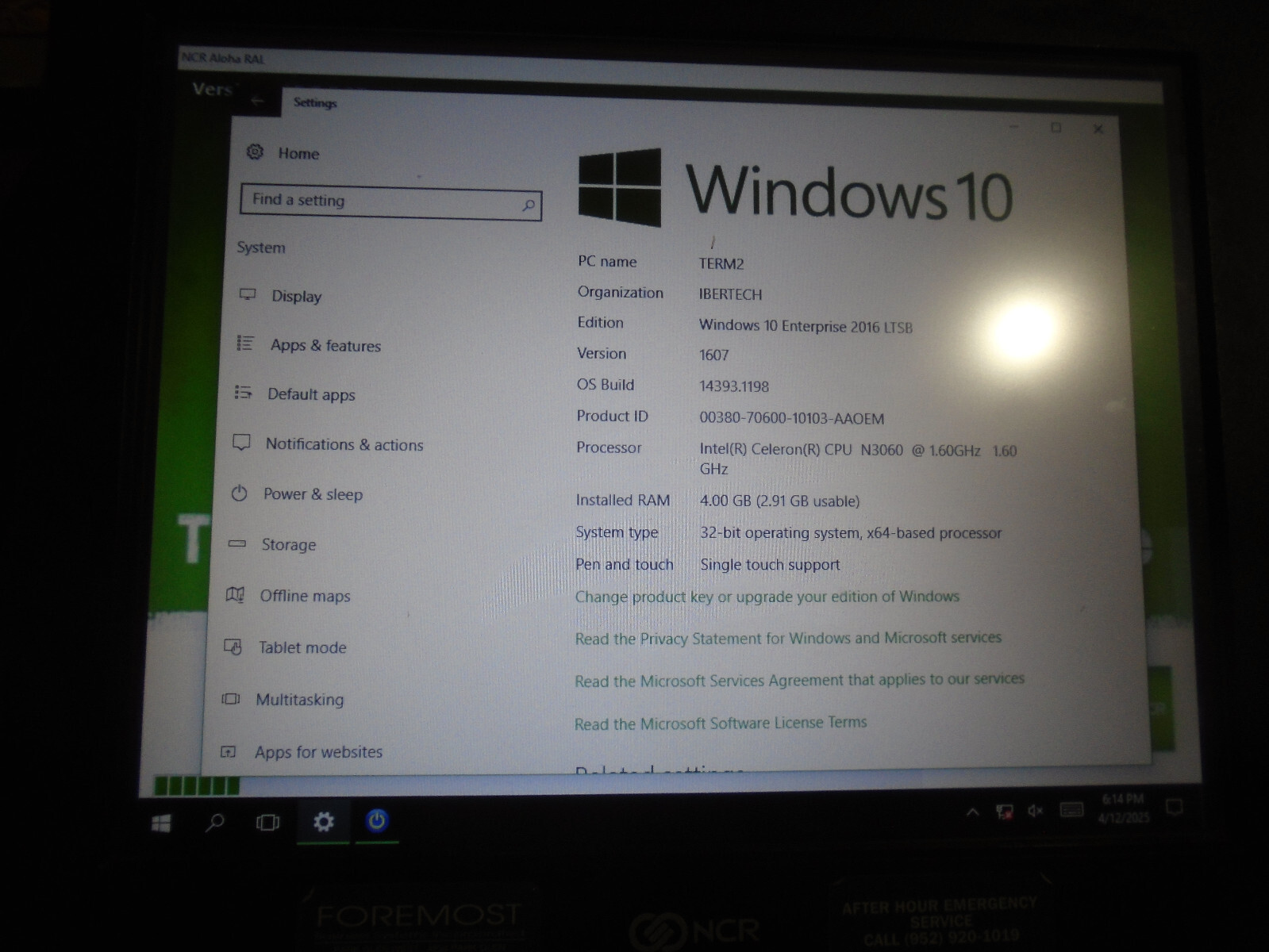 NCR Touch Screen POS Terminal 7734-0100-0018 Display Point Sale Win 10 4GB
