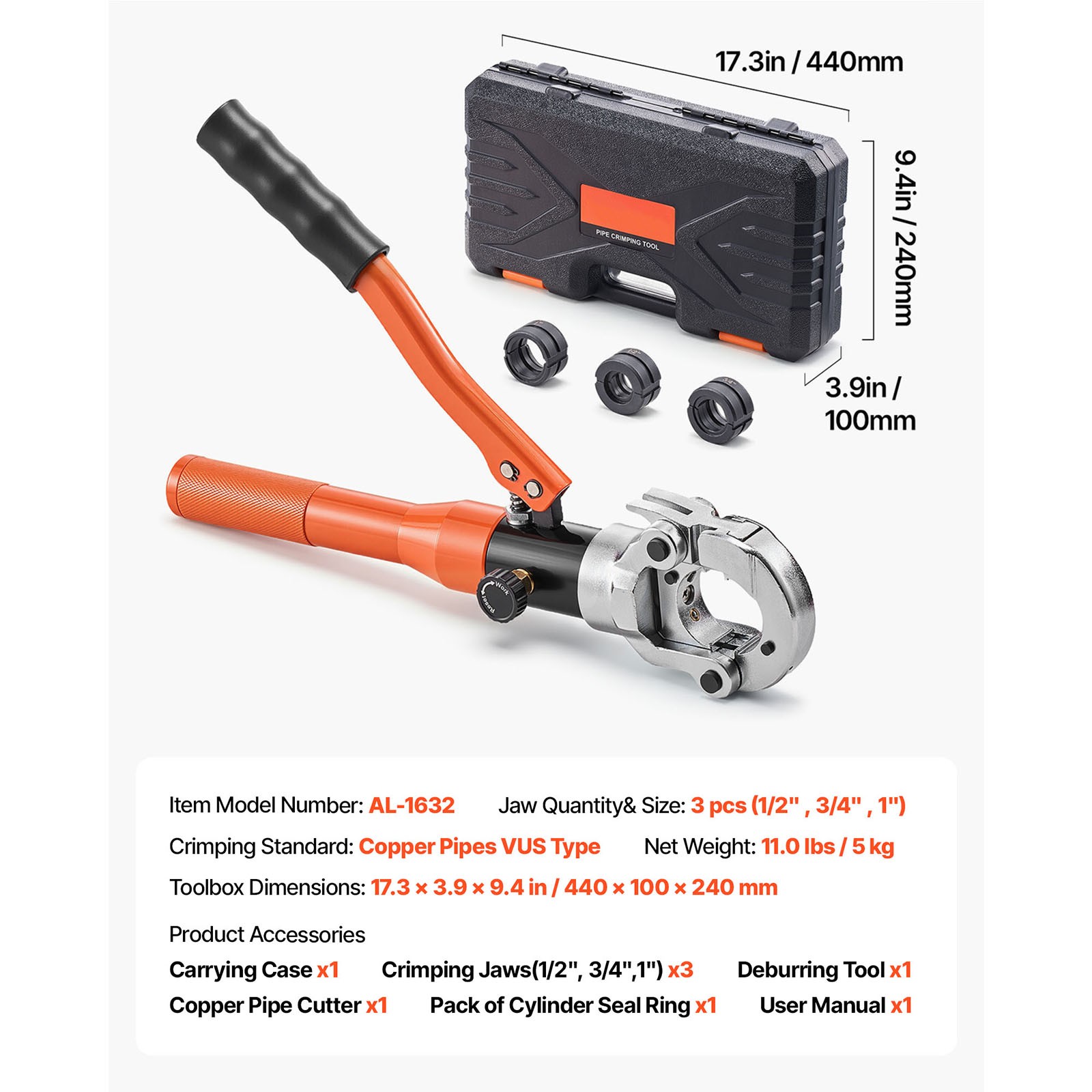 Uimoso Hydraulic Copper Pipe Crimping Tool with 1/2″, 3/4″, 1″ Jaws