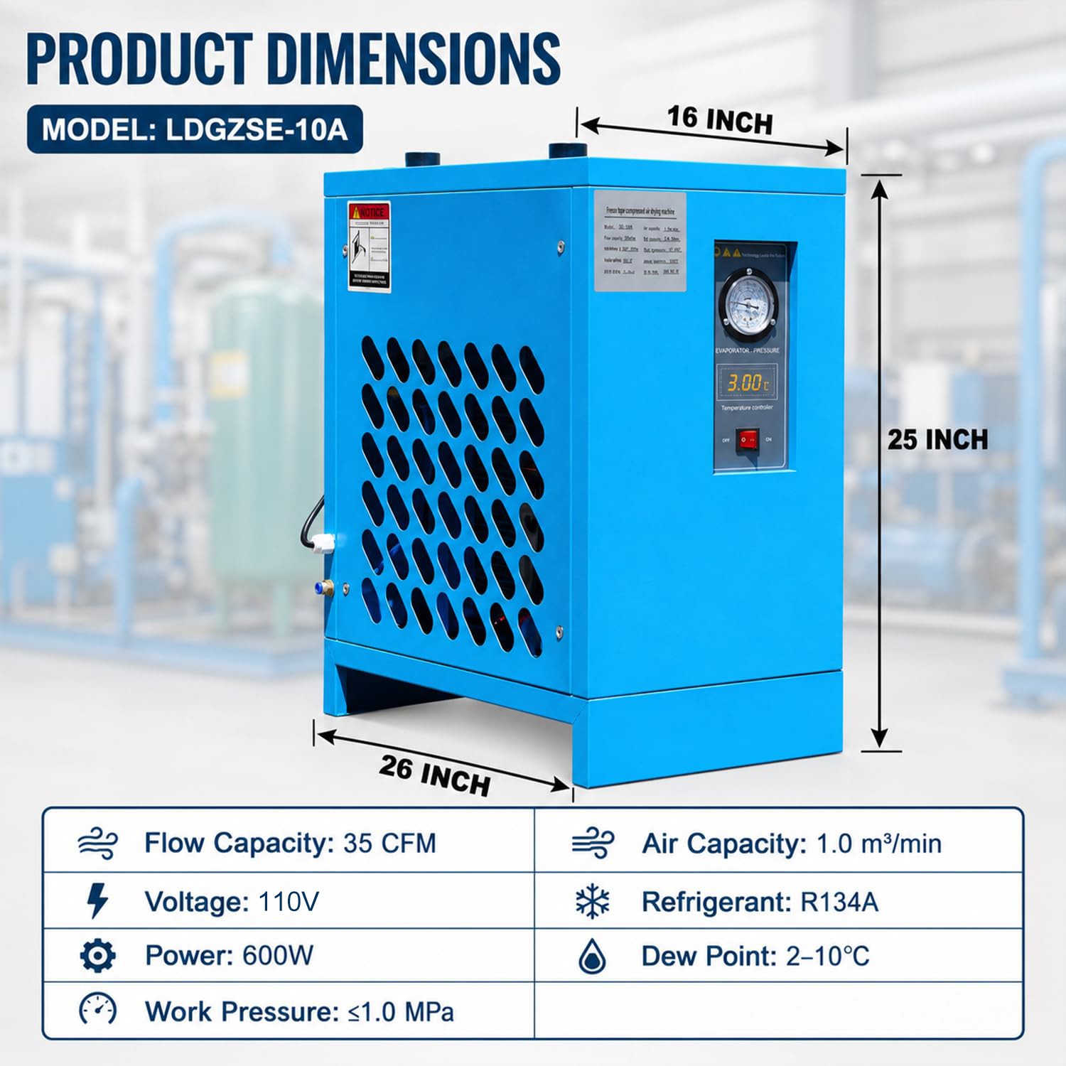 110V 35CFM 0.58 KW Refrigerated Compressed Air Dryer with R134a Cooling System
