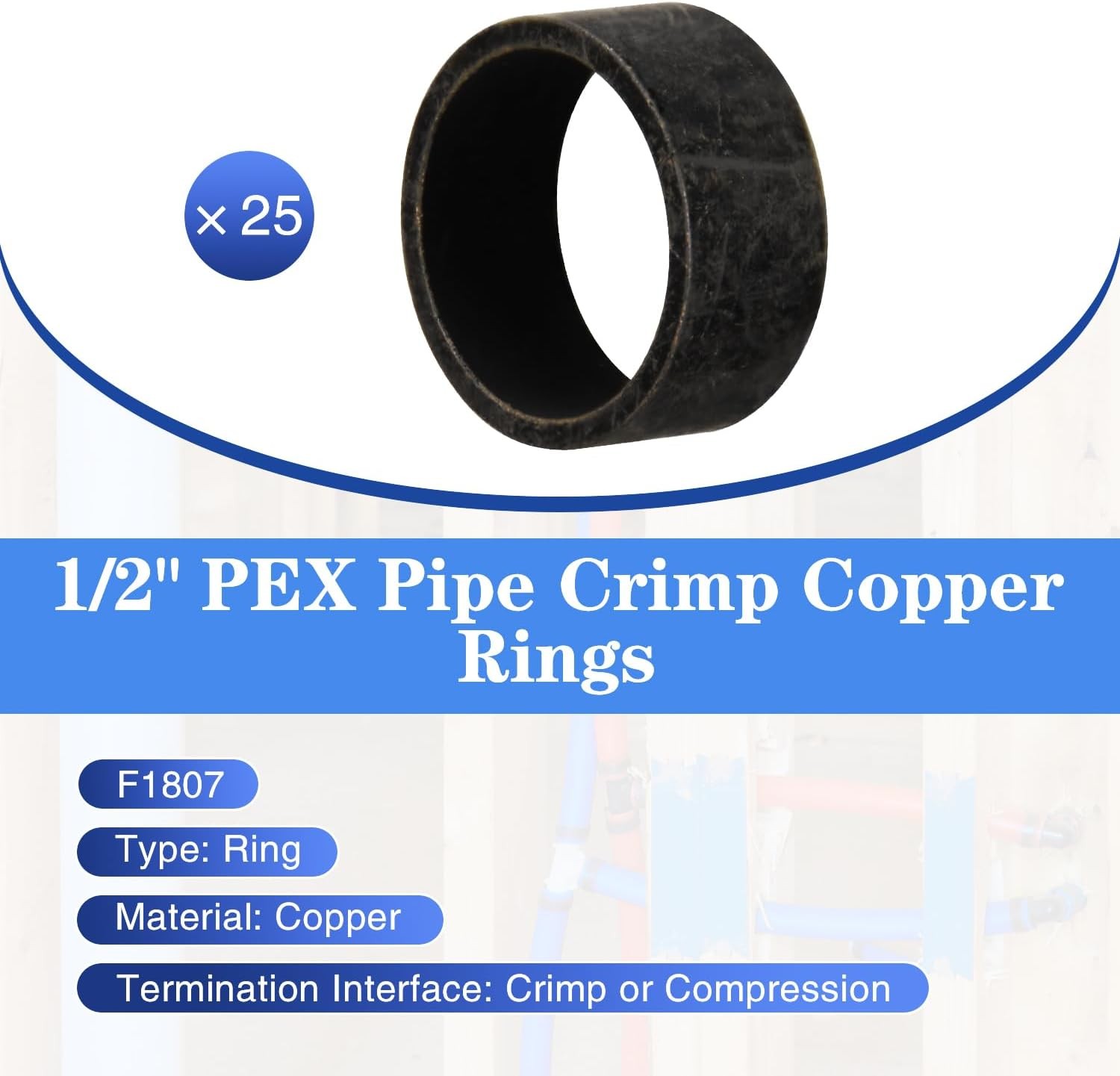 25/50/100 Pack 1/2″ PEX Copper Crimp Rings, 1/2“ × 25pcs,