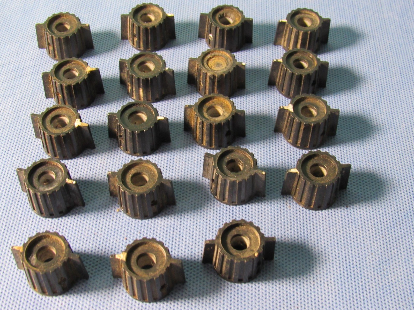 Vintage Ribbed Control Knobs Lot 19 Black Plastic Brass Inserts Pointer Tab