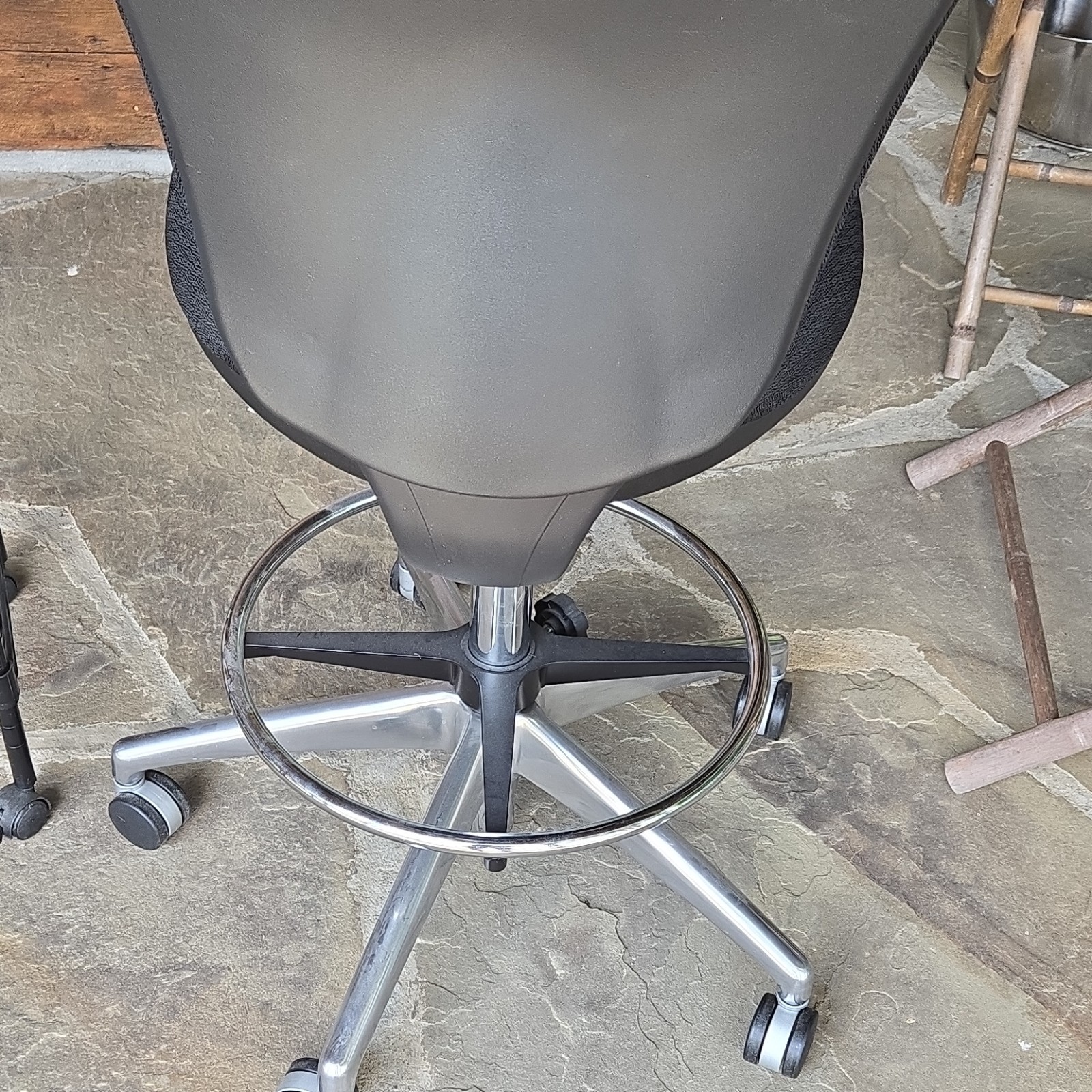 Black Upholstered Drafting/Task Rolling Chair w/ Backrest Chrome Base Foot Ring