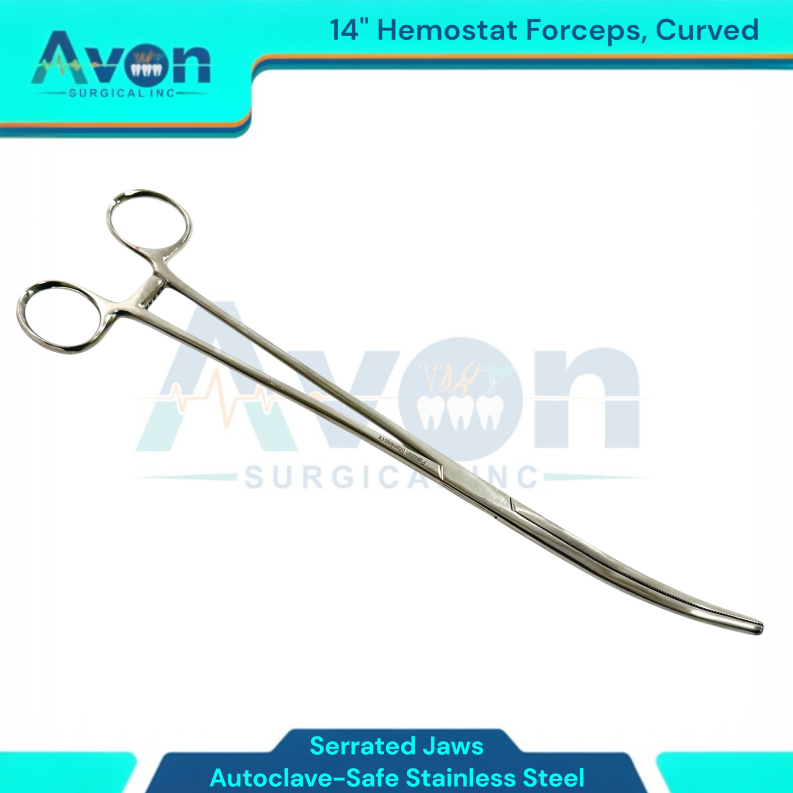 14in Jumbo Pean Forceps, Curved, Serrated – Long Reach Clamp Pliers – Stainless