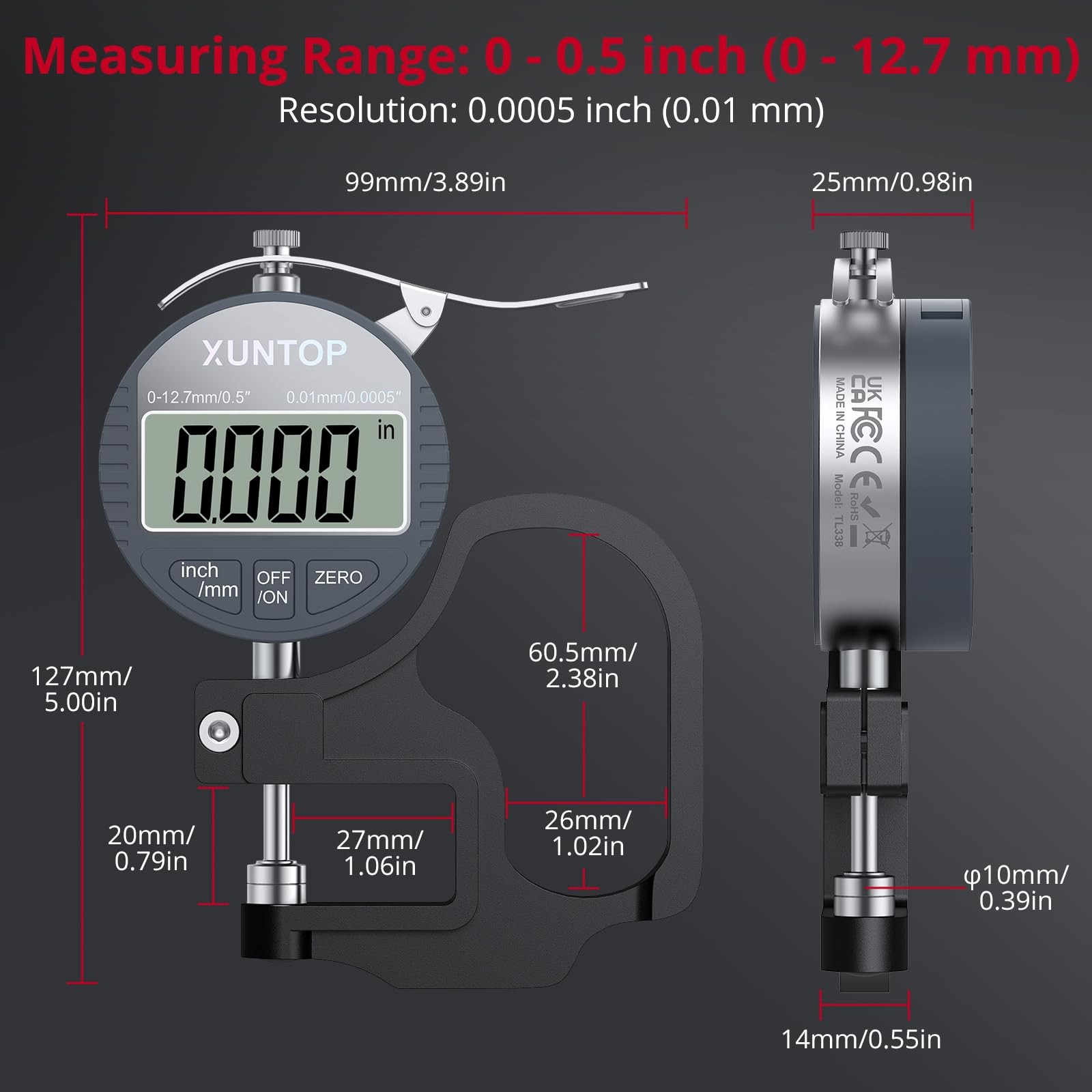 XUNTOP Digital Thickness Gauge 0.5inch/0.0005inch(12.7mm/0.01mm) Thickness Me…