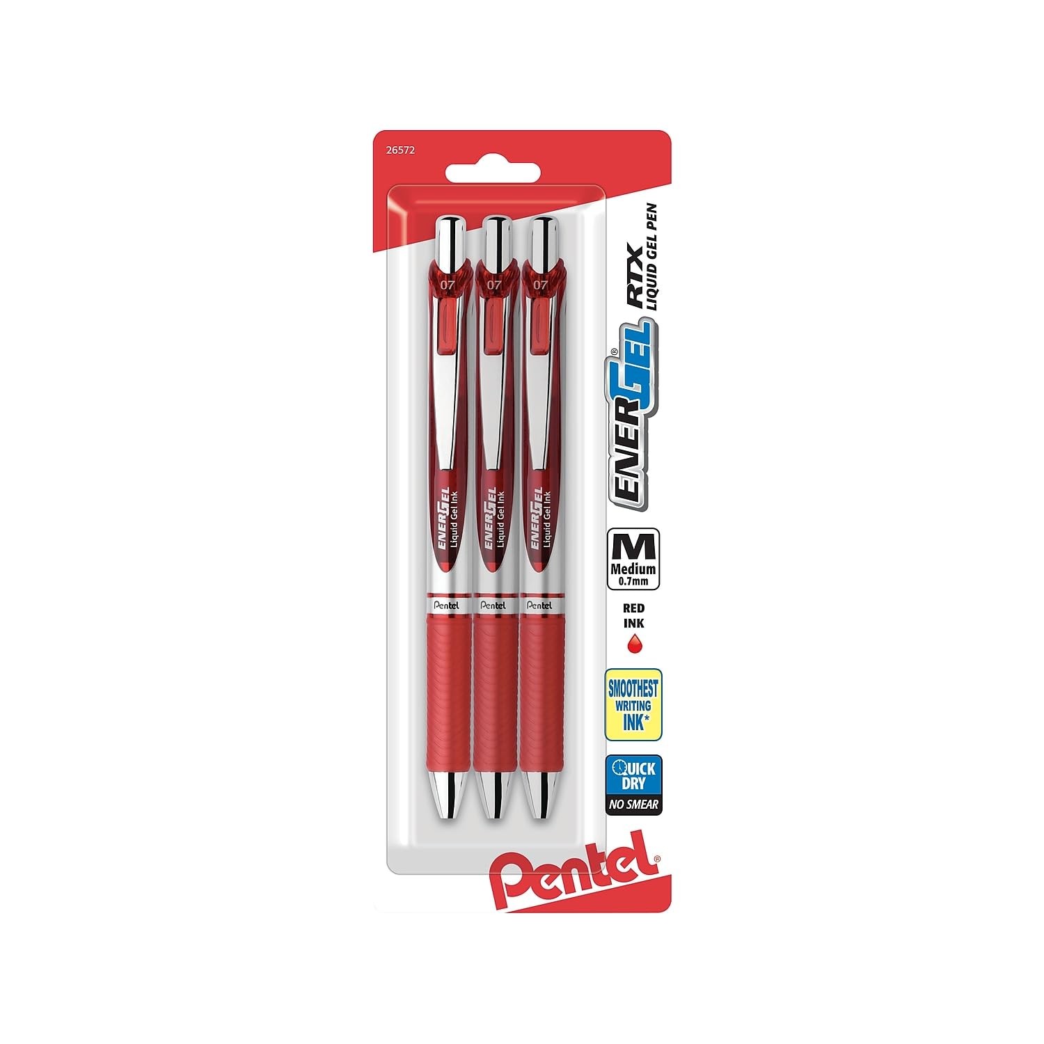Pentel EnerGel RTX Retractable Liquid Gel Pen 3 Count (Pack of 1), Red