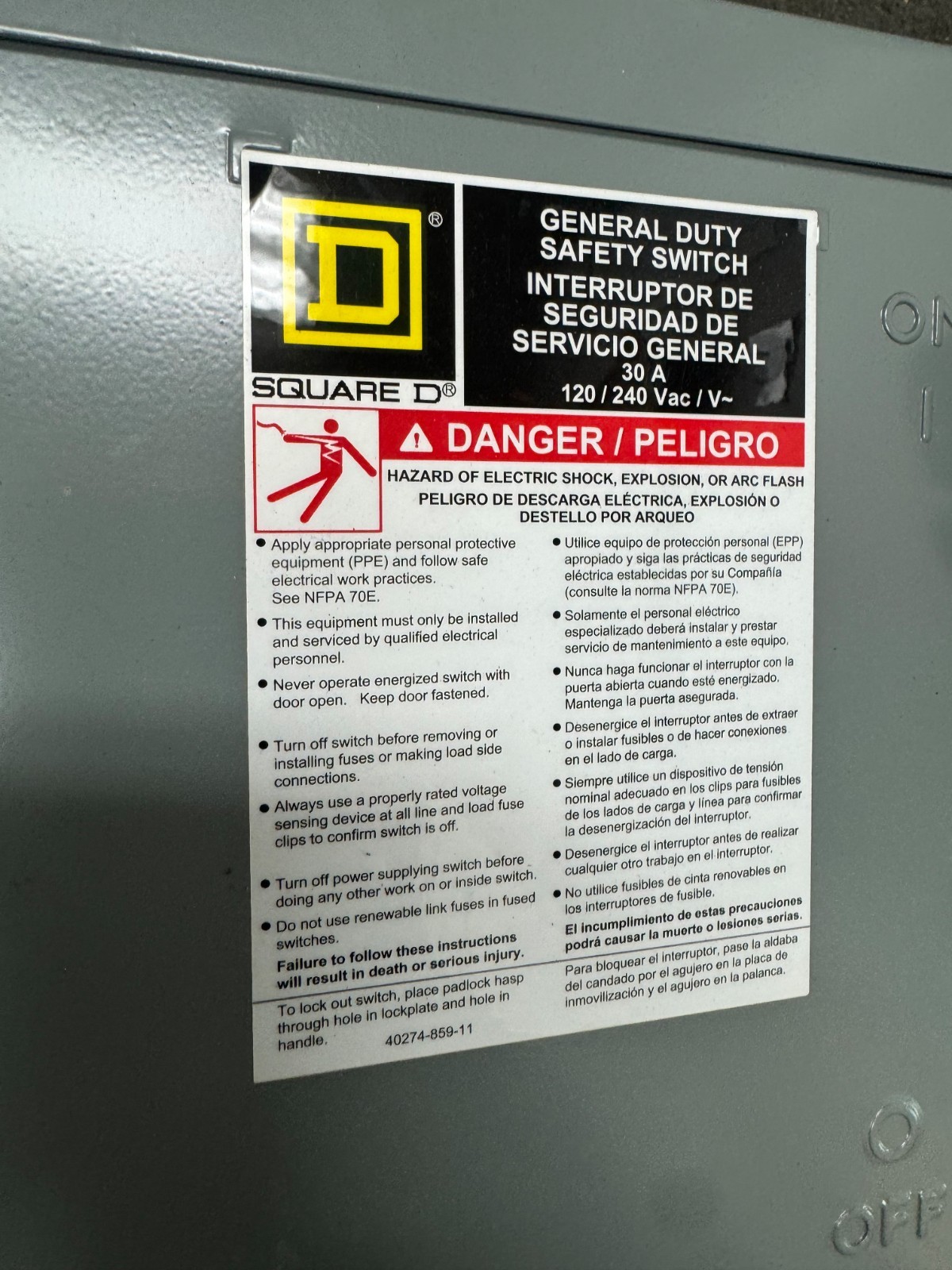 Square D 30A 120/240V 2‑Pole Light Duty Safety Disconnect Switch