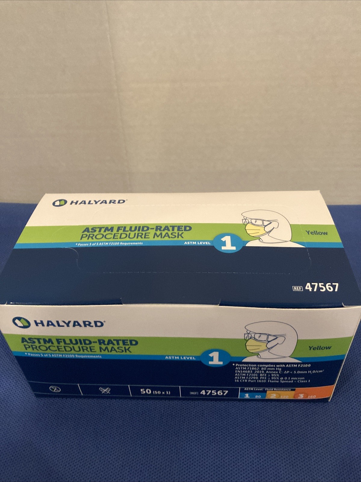 HALYARD 47567 Level 1 Disposable Procedure Mask, Earloops, Yellow, 50 Count Lot