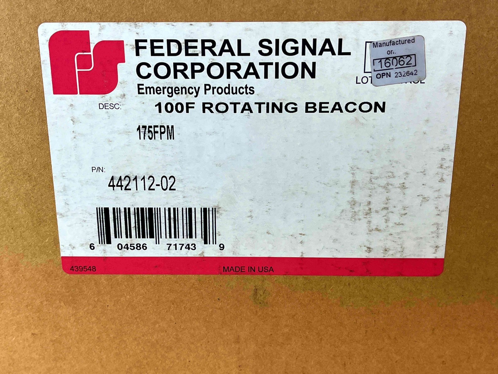 Federal Signal Corporation Emergency Amber Light Beacon 442112-02 NEW Open Box