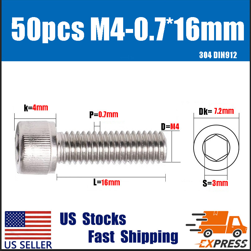 50PCS New M4X 16mm 304 Stainless Steel Allen Hex Socket Cap Head Screws DIN912