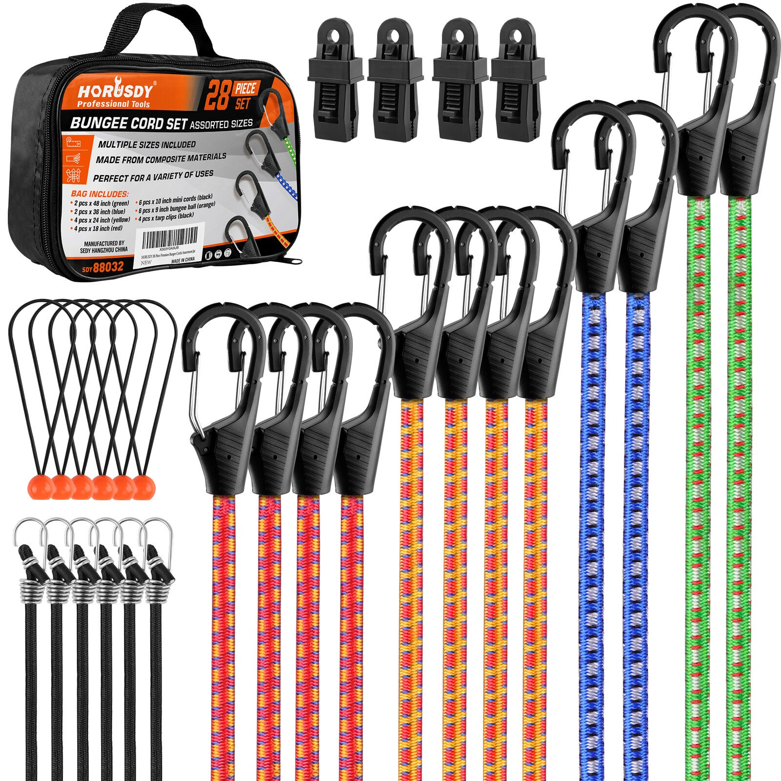 28PC Bungee Cords Carabiner Lock Hooks & Assorted Sizes Luggage Camping Caravan