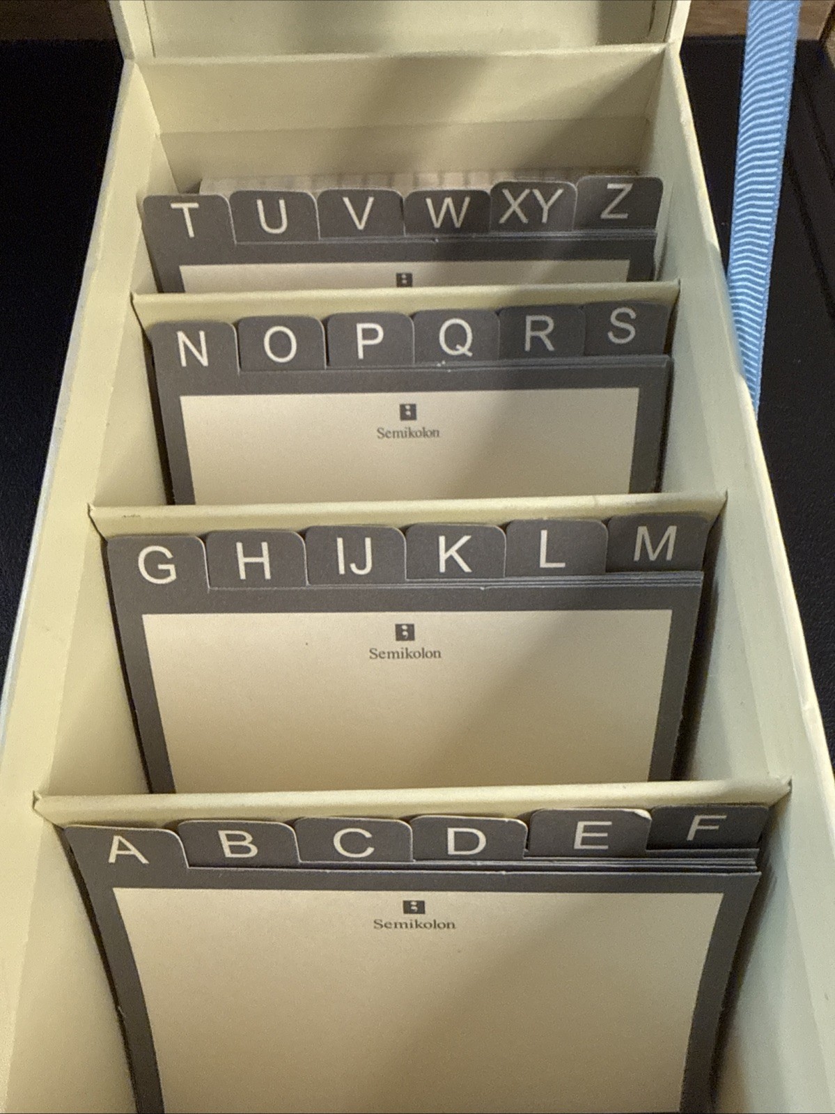 Semi Colon Business Card File Box with Alphabetical Divider Cards. Lift Tab